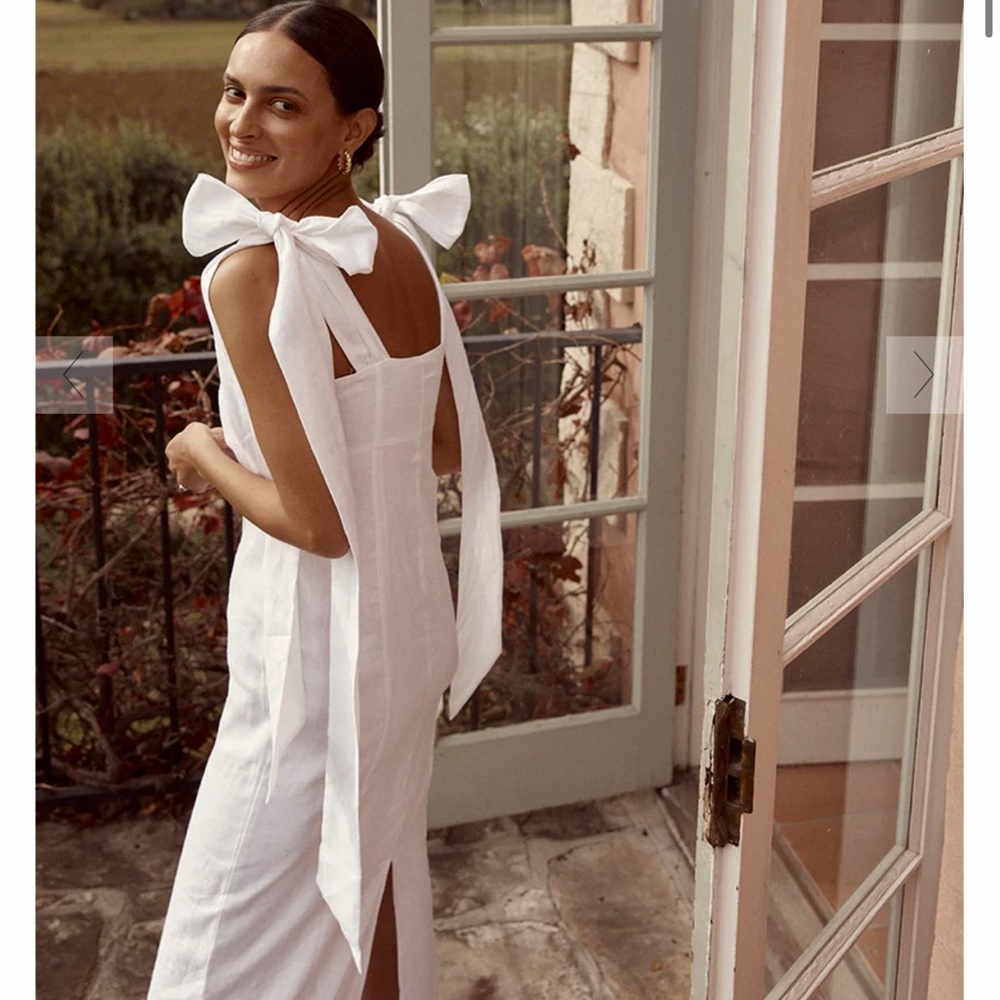 AISLE WHITE LINEN BOW MIDI DRESS